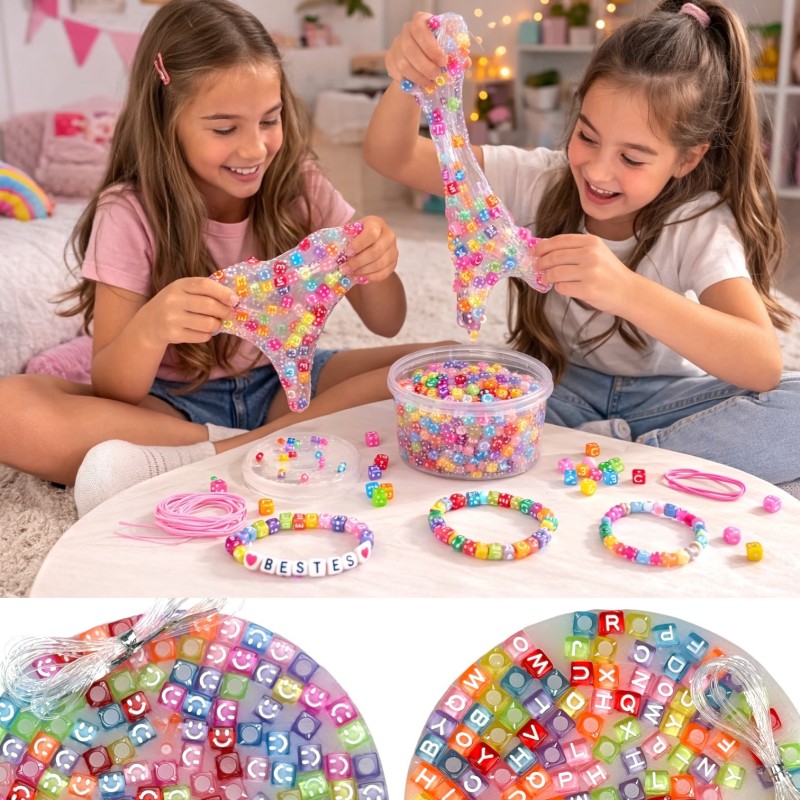 Gniotek slime z kolorowymi koralikami literki i emotki 1 zestaw
